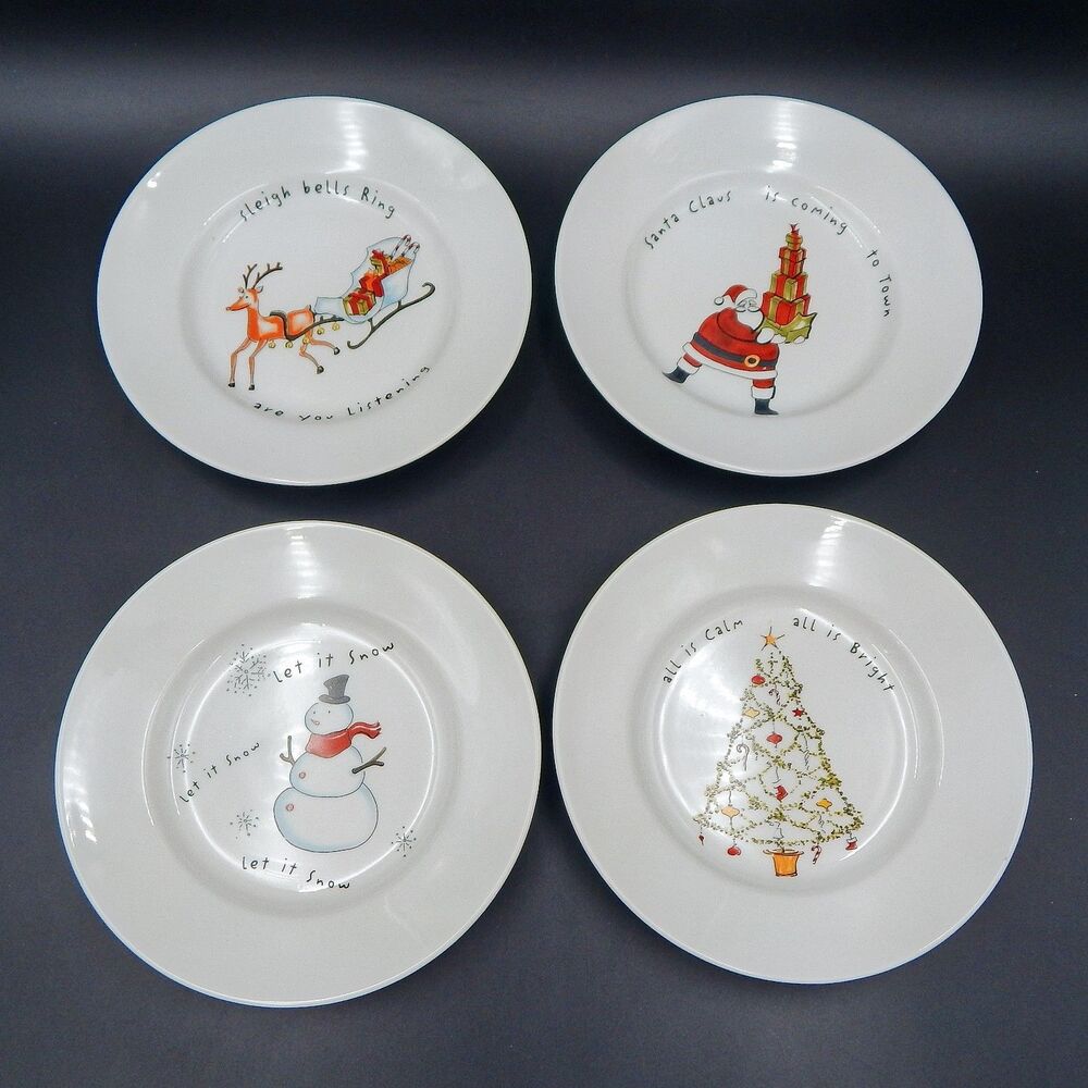 Pottery Barn Outlet Holiday Cheer 8 In Salad Pasta Plates Christmas Theme Set/4